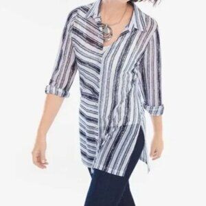 Chico's Travelers Collection Blue White Striped Button Semi-Sheer Shirt 1